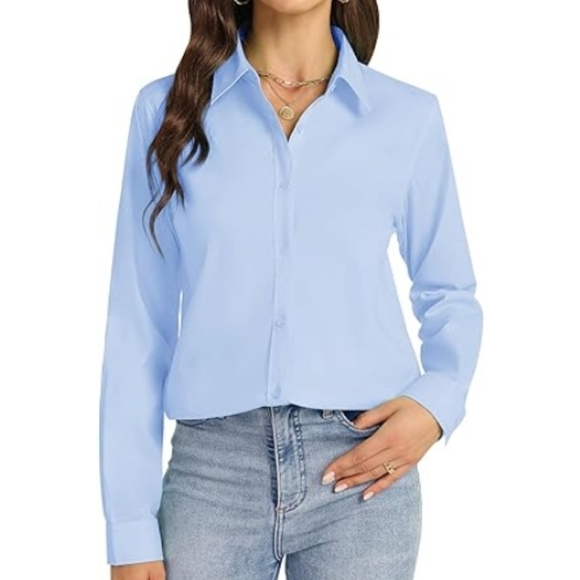 Button Down Long Sleeve Stretch Solid Work Shirt Light Blue - Picture 5 of 6